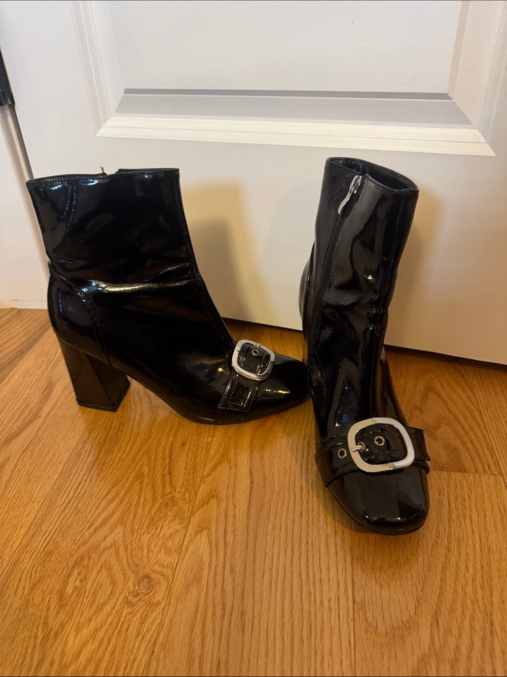 Nasty Gal Patent Black Ankle Booties with Decorative Silver Buckle